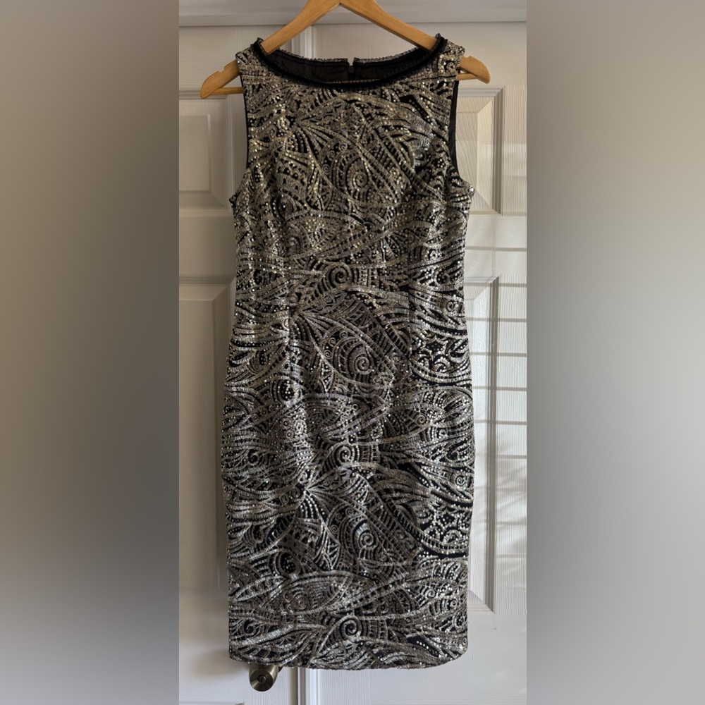 Alex Marie NWT Black Gold Beaded Swirl Sheath Dress Women’s Sleeveless